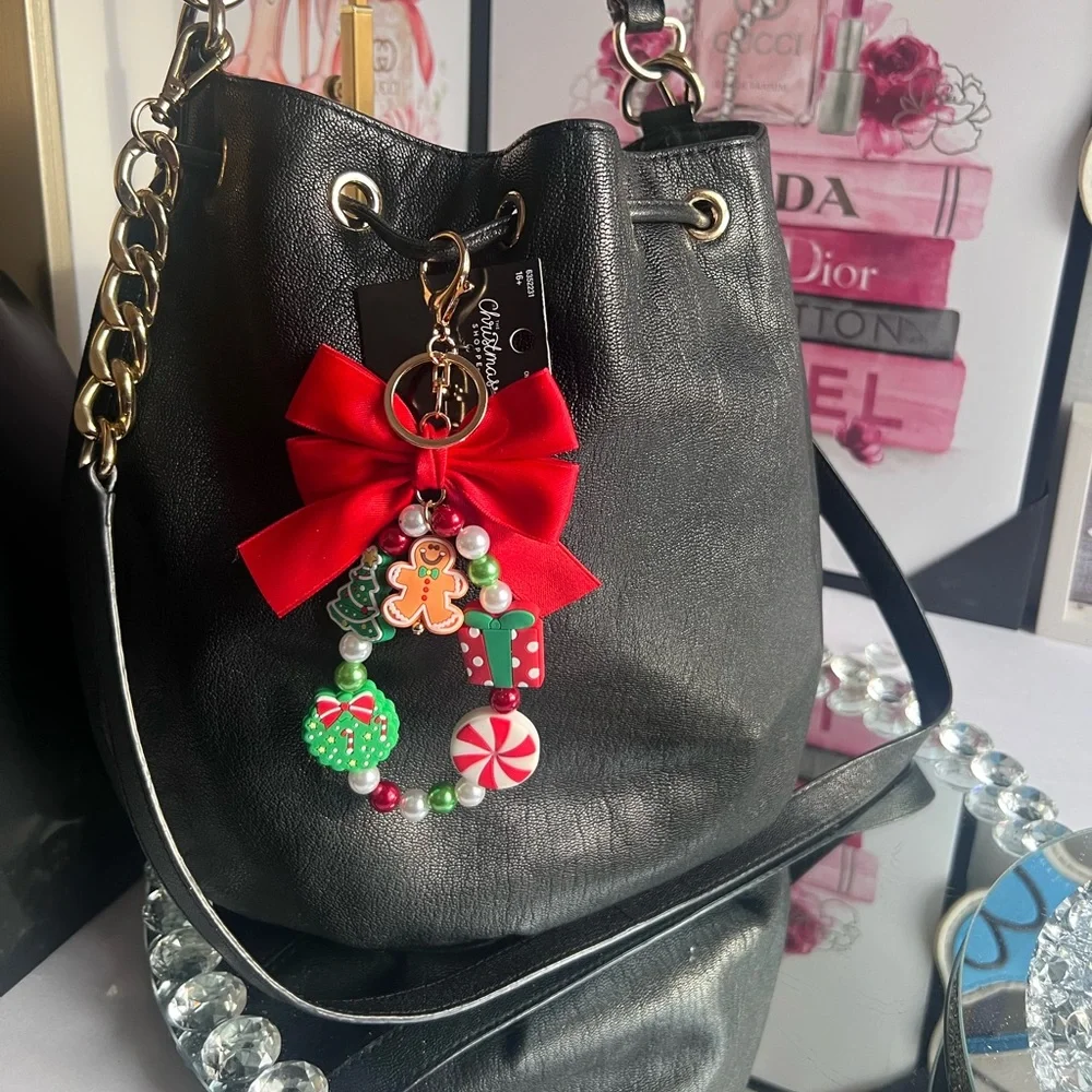 Christmas Beaded  silicone Bracelet Keychain  with Red Bow